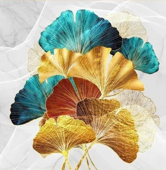 Green Blue Yellow Gold Leaf Plant Flower (5panel) Wall Art