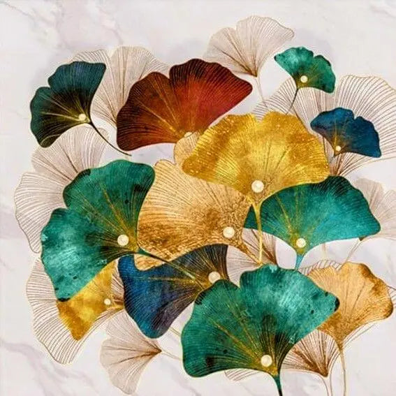Green Blue Yellow Gold Leaf Plant Flower (5panel) Wall Art