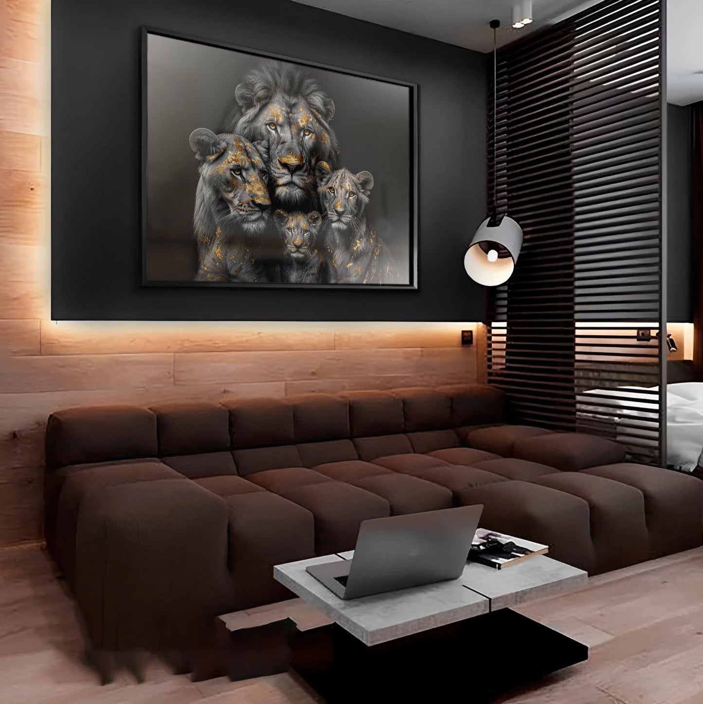 Golden Leaf Lion Family Abstract Painting