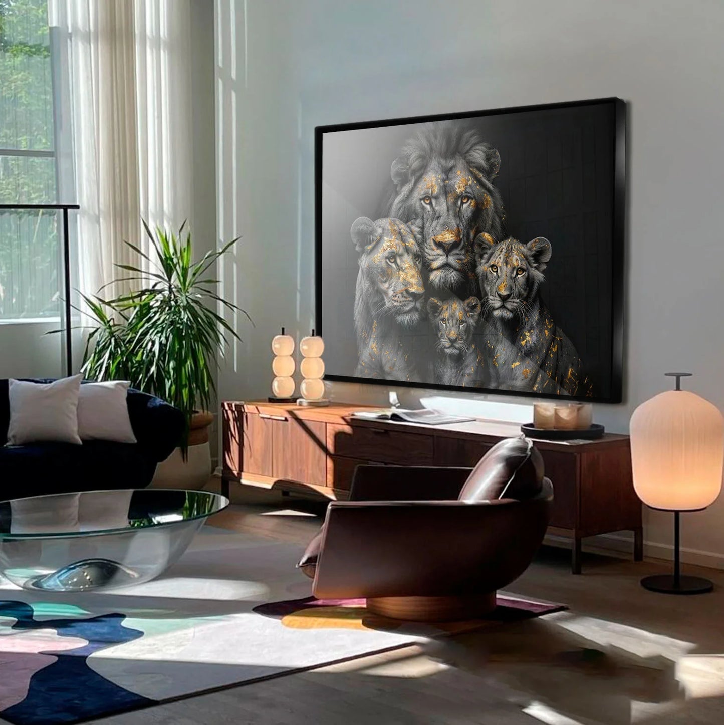 Golden Leaf Lion Family Abstract Painting