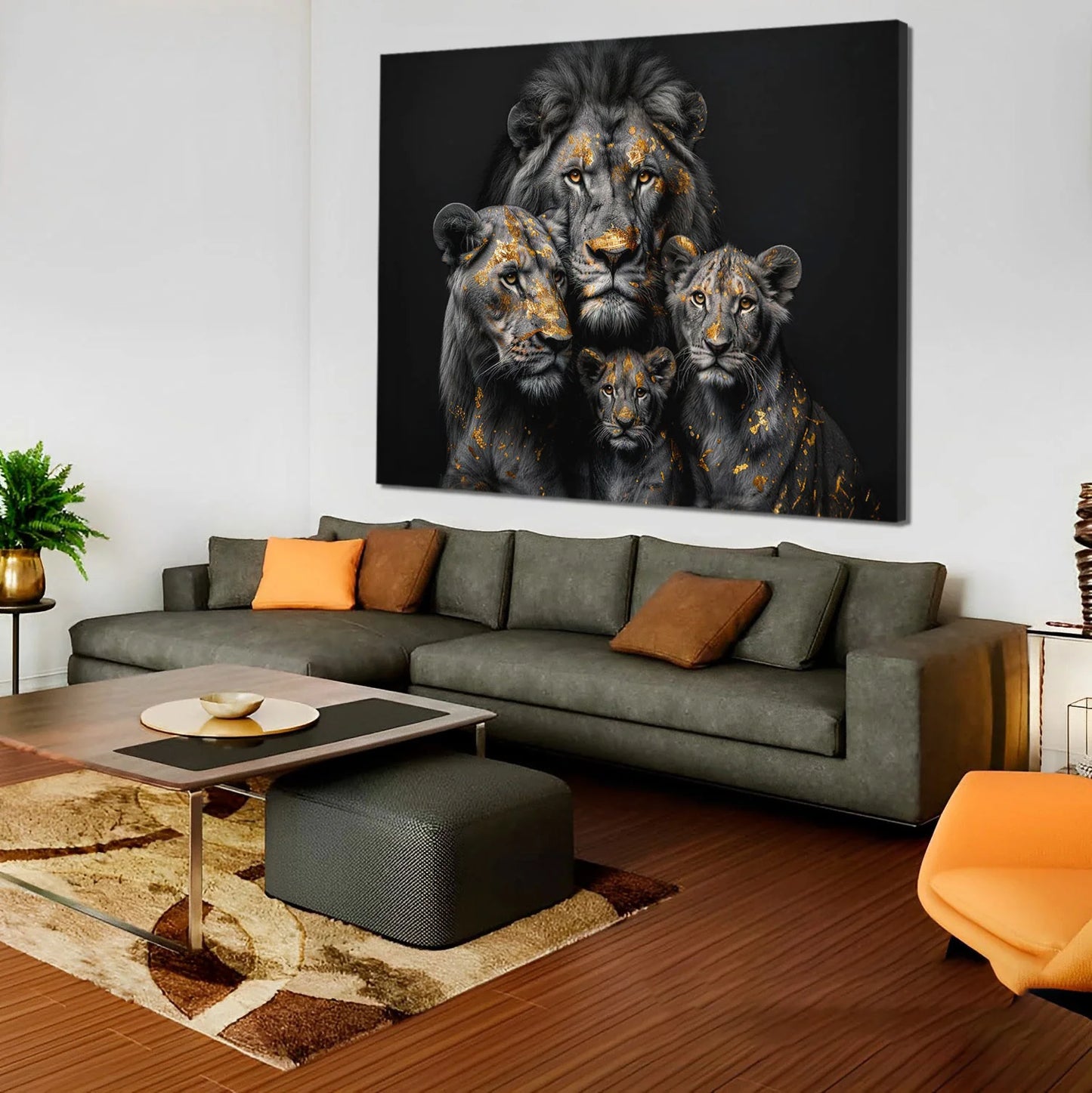 Golden Leaf Lion Family Abstract Painting