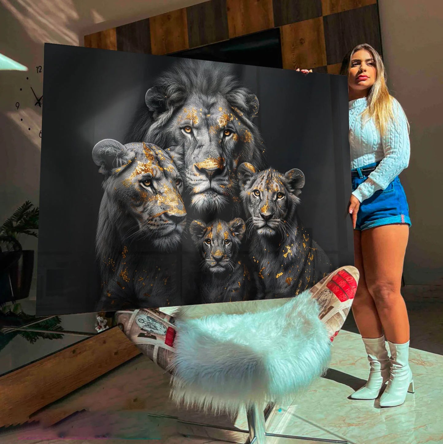 Golden Leaf Lion Family Abstract Painting