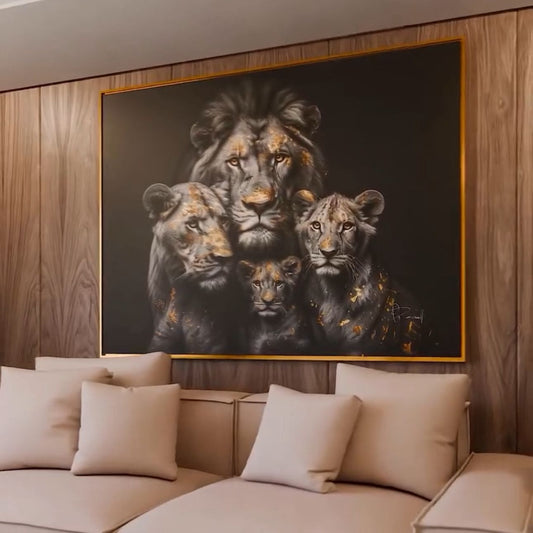 Golden Leaf Lion Family Abstract Painting