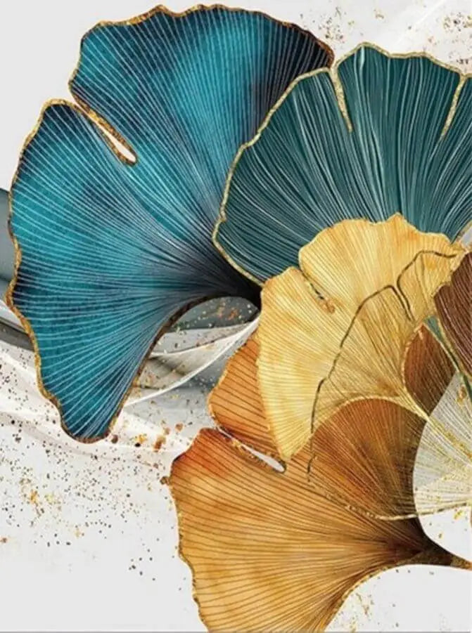 Green Blue Yellow Gold Leaf Plant Flower (5panel) Wall Art