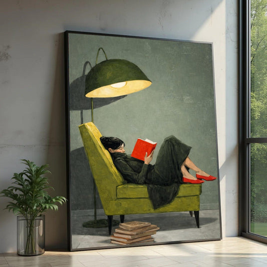 Cozy Reading Moment Canvas, Woman on Green Chair Art