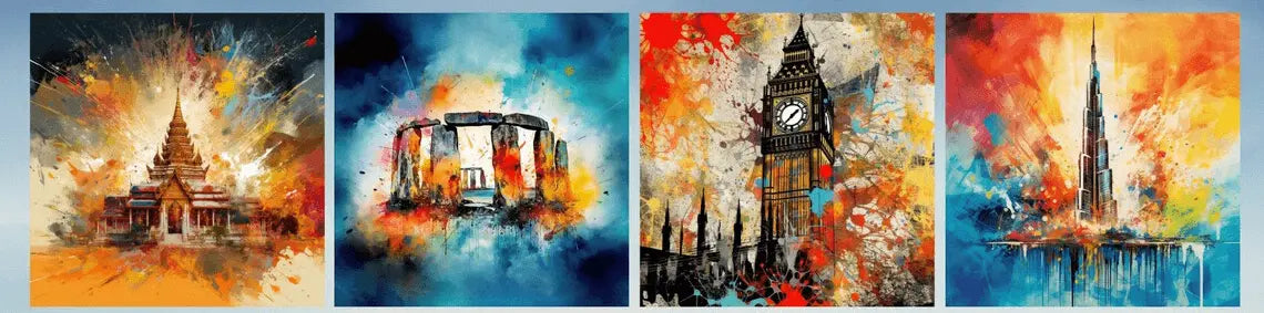 Temple,Stonehenge, clock tower & Burj Khalifa (4Panel) Wall Art