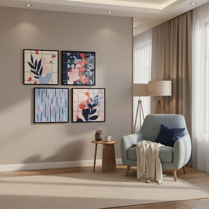 Vintage Blue Pink Abstract Leaf Shape (4Panel) Wall Art