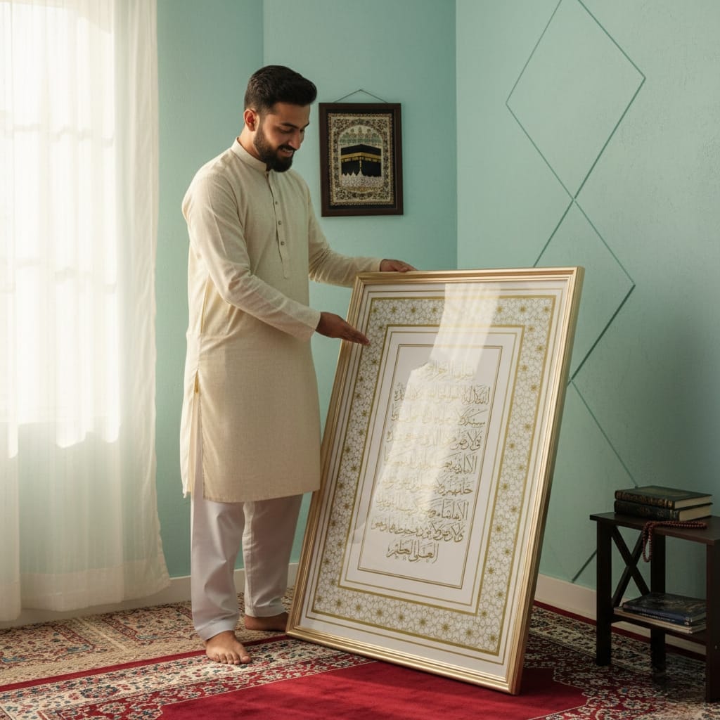 Ayatul Kursi Beige Gold Calligraphy Print