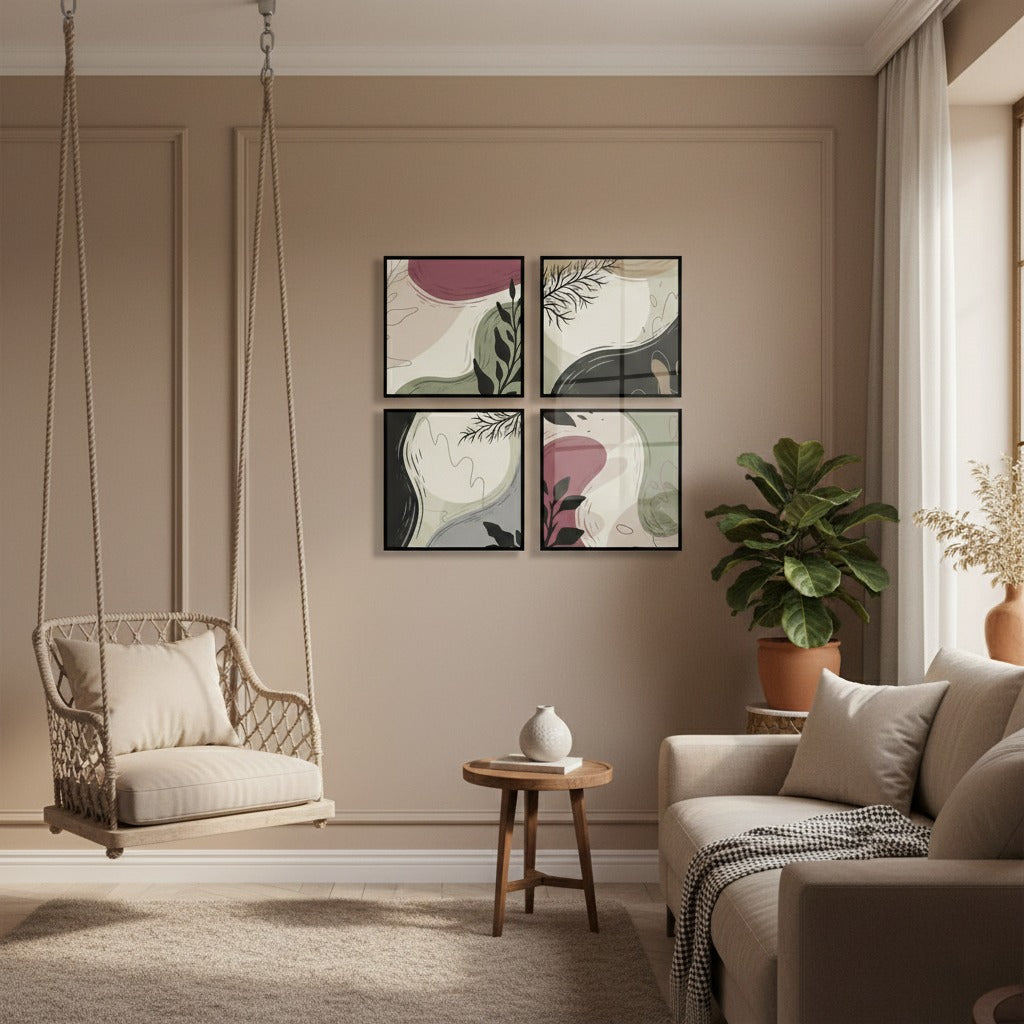 Abstract Green Black Color Lines (4 Panel) Wall Art