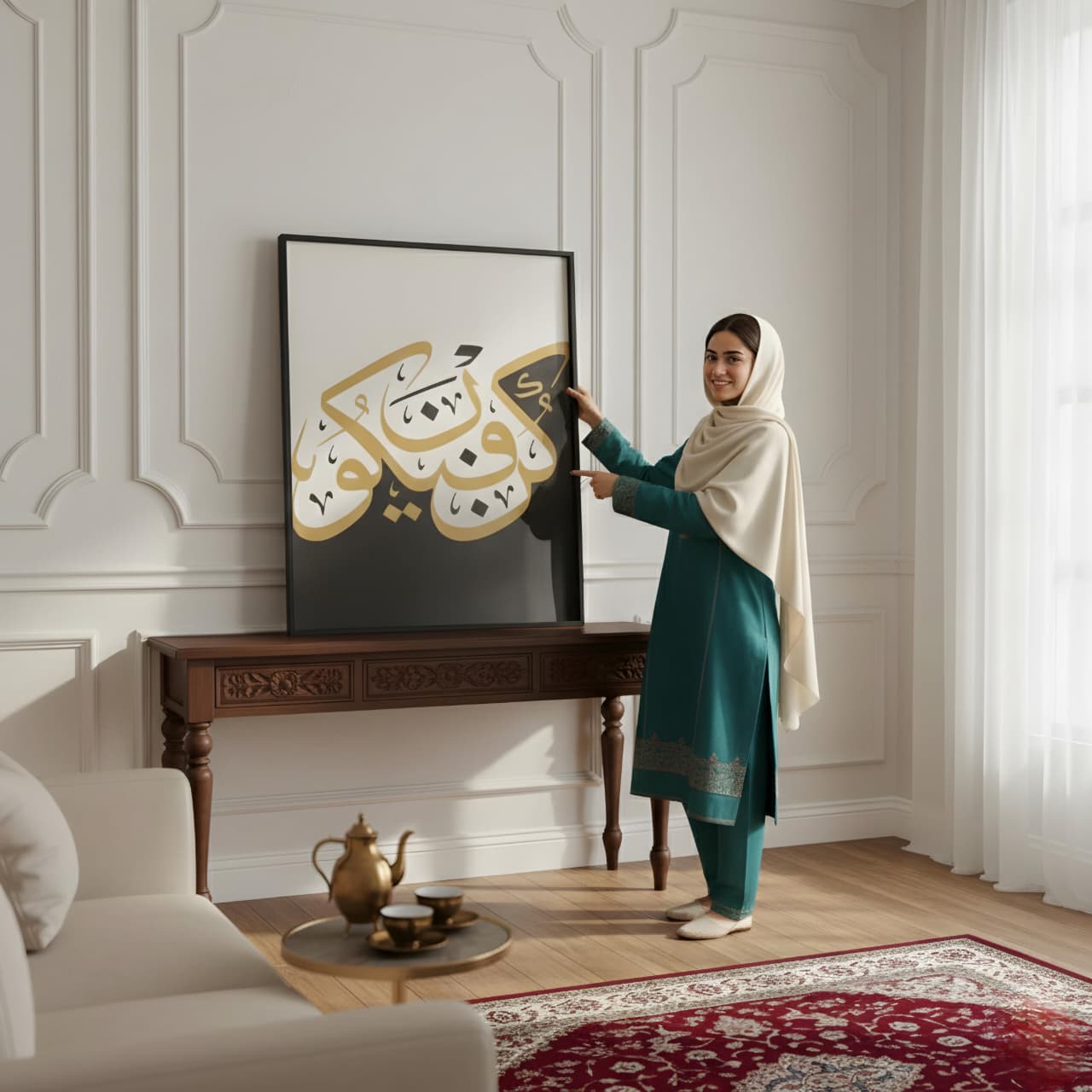 Arabic Calligraphy Wall Art in Black White Gold - Kun Faya Kun