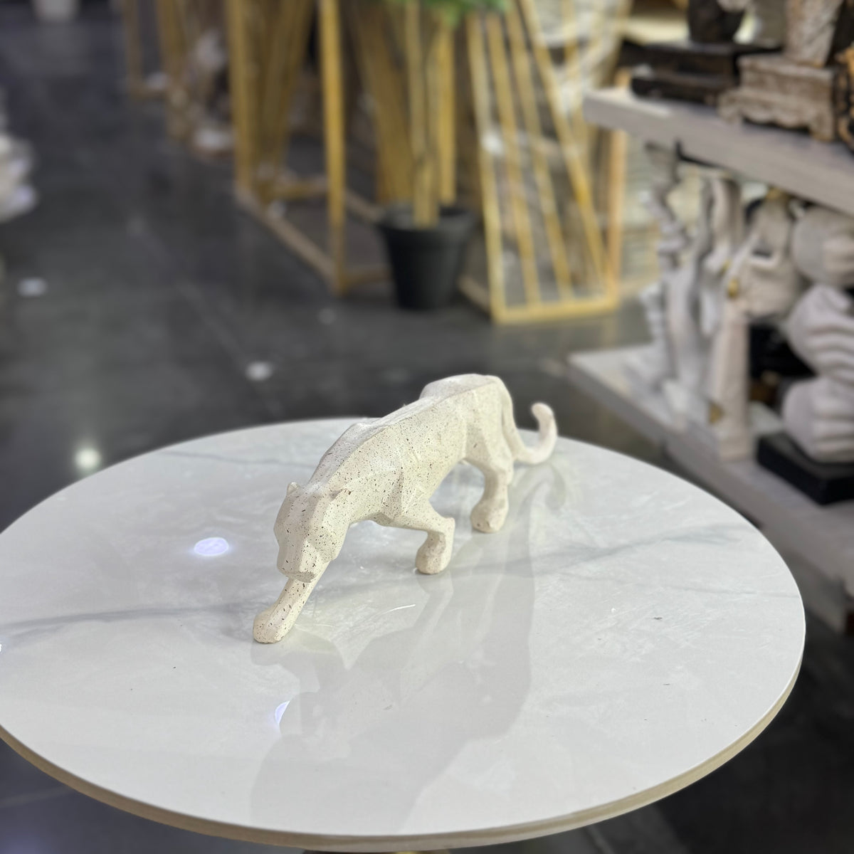 Modern White Panther Sculpture – Geometric Animal Table Decor