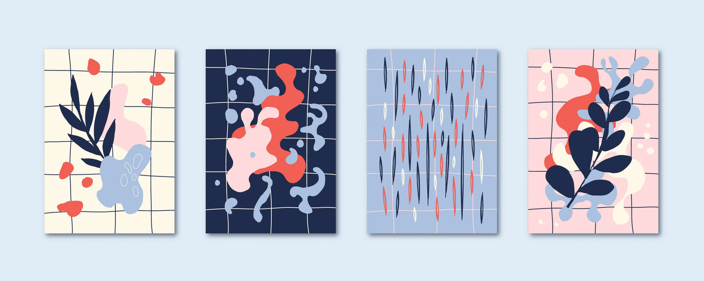 Vintage Blue Pink Abstract Leaf Shape (4Panel) Wall Art