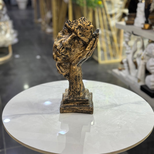 Golden Face in Hands Sculpture – Abstract Table Decor & Office Desk Ornament