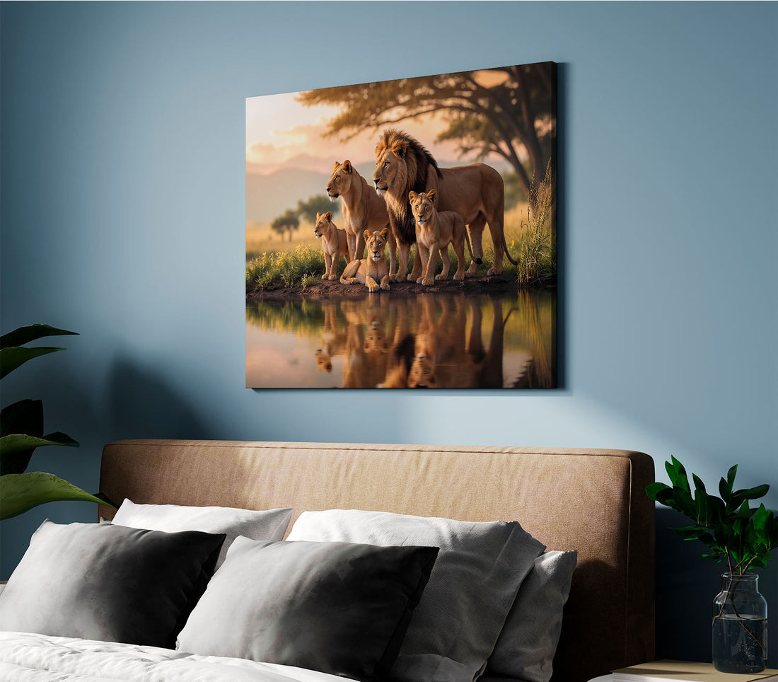 Lion Family in the Lake Painting