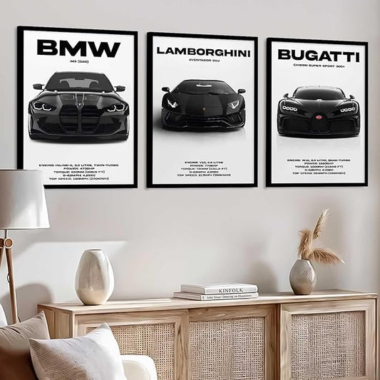 Big BMW M3, Lamborghini Aventador, Bugatti Chiron Cars Framed Posters