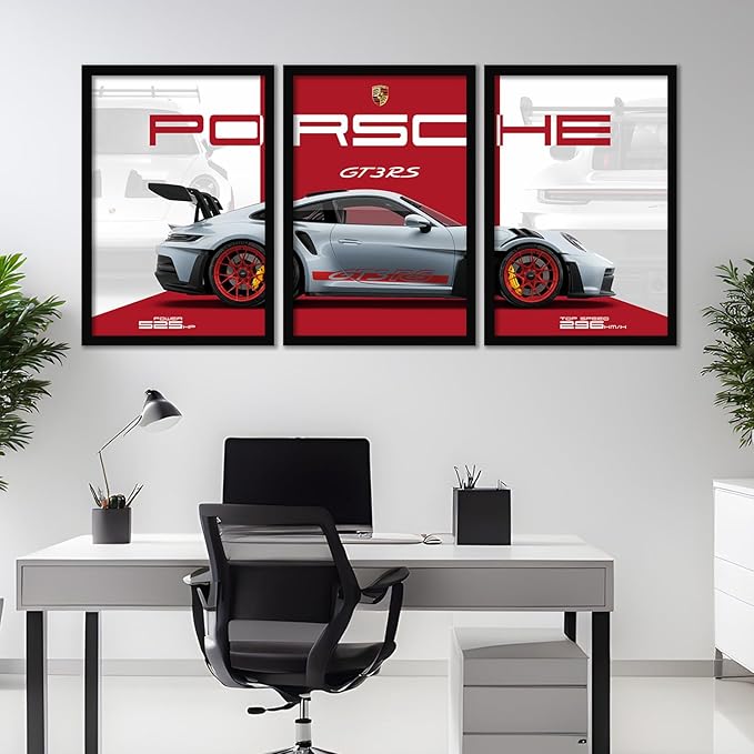 Porsche 911 GT3rs Sports Car Framed Wall Posters, Set of 3