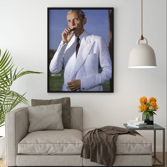 Jinnah in White Suit Smoking Cigar - Historical Frame