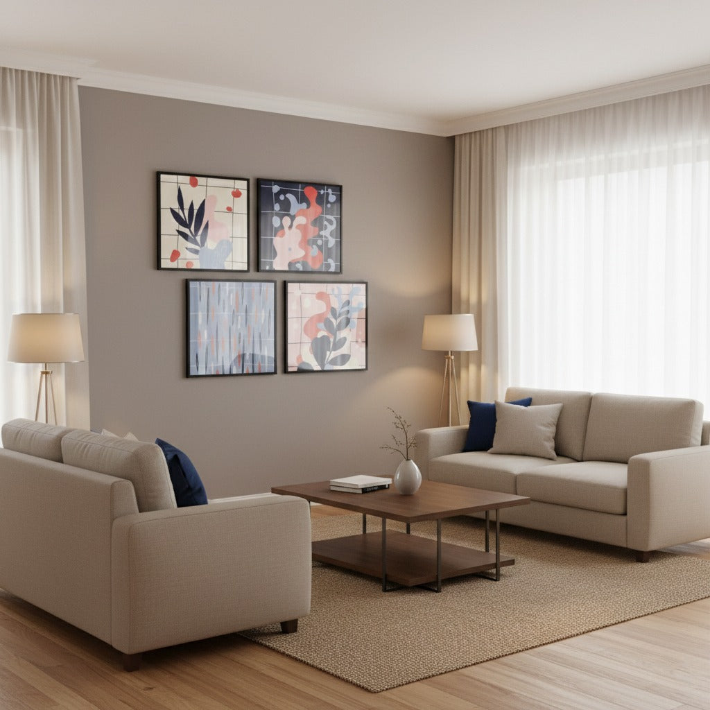 Vintage Blue Pink Abstract Leaf Shape (4Panel) Wall Art