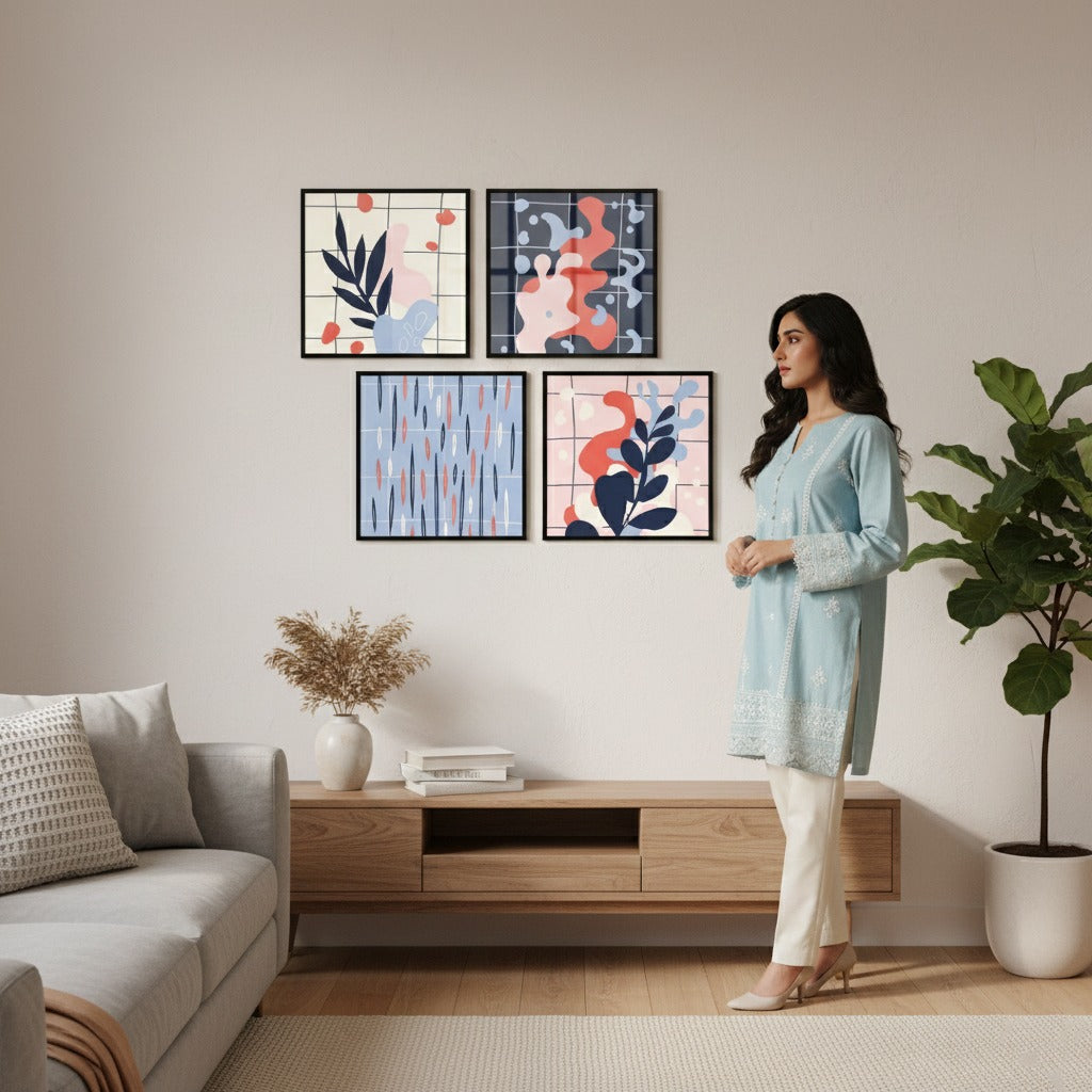 Vintage Blue Pink Abstract Leaf Shape (4Panel) Wall Art