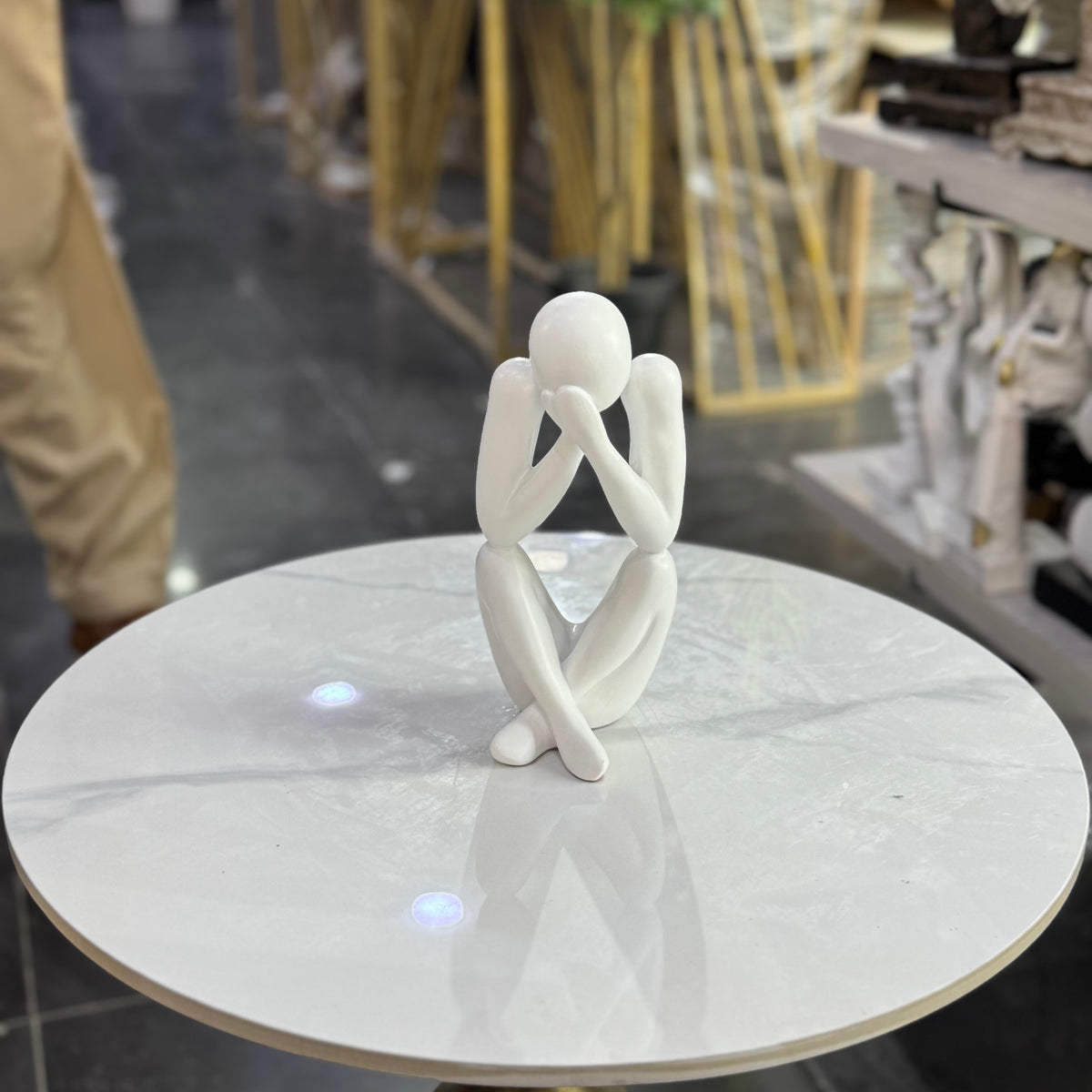 Contemplative Thinker Sculpture – Modern White Abstract Table Decor