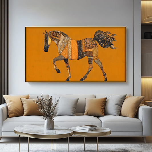 Golden Tapestry Horse – Bohemian Patchwork| Wall Art