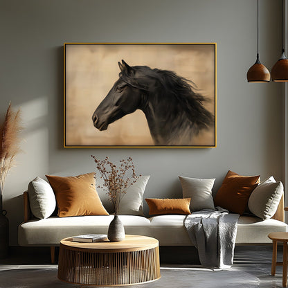 Silent Majesty – Black Horse Portrait on Warm Beige Canvas Print | Wall Art
