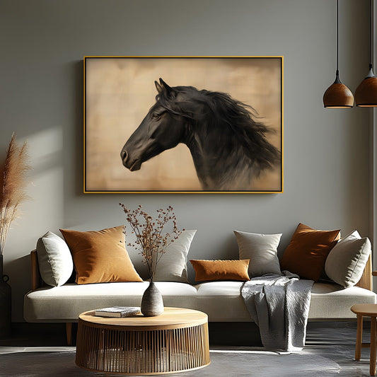 Silent Majesty – Black Horse Portrait on Warm Beige Canvas Print | Wall Art