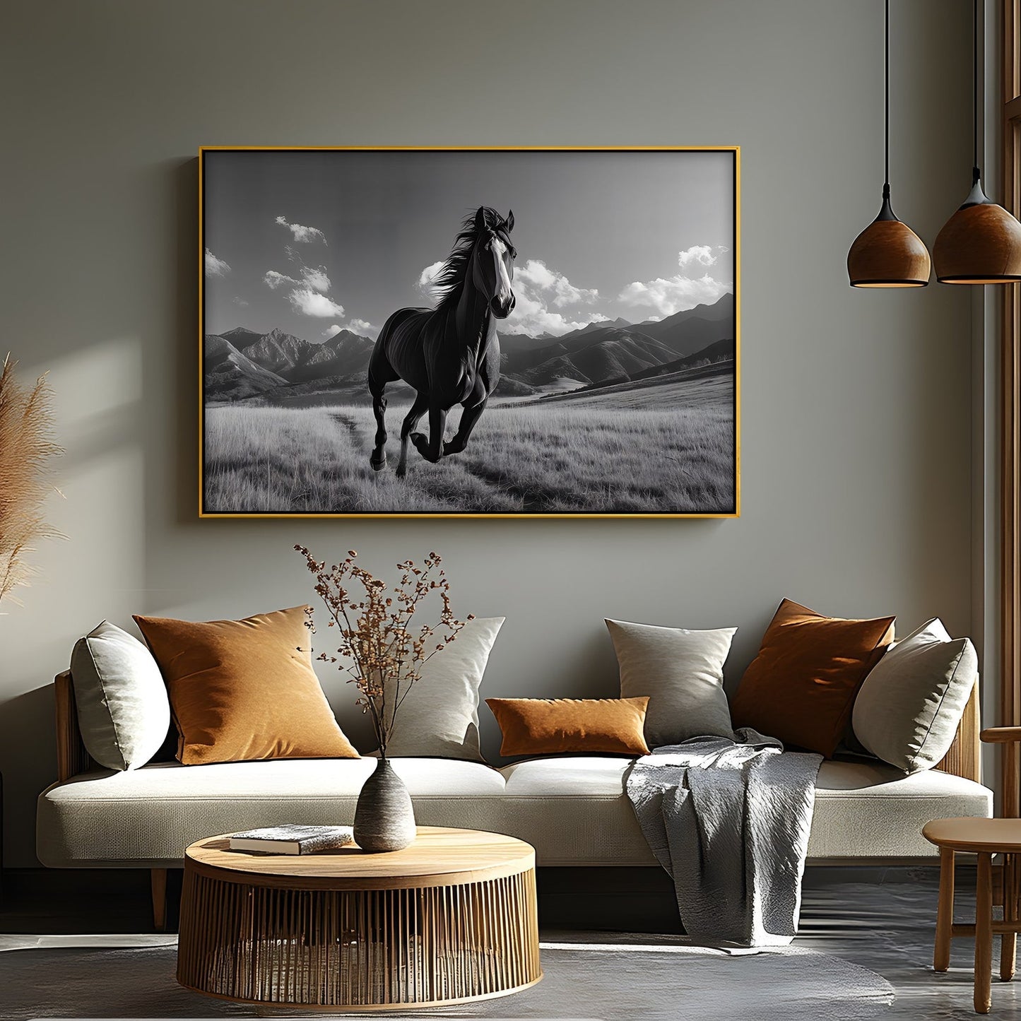 Unbridled Spirit – Running Horse in Mountain Field Canvas Print | Wall Art