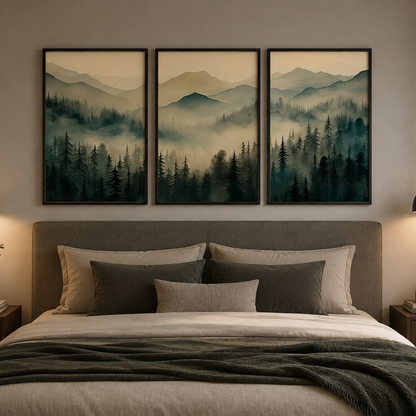 Misty Mountain Forest Triptych – 3 Piece Canvas Wall Art