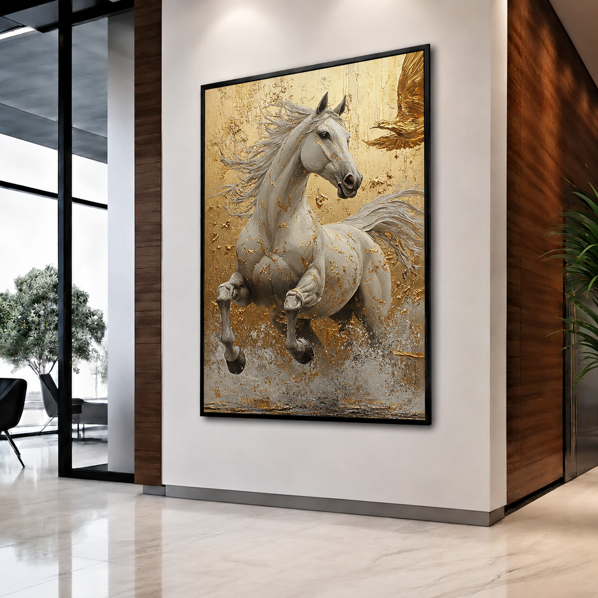 Golden Grace White Horse Canvas – Premium Framed Wall Art