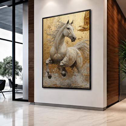 Golden Grace White Horse Canvas – Premium Framed Wall Art