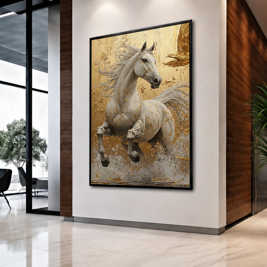 Golden Grace White Horse Canvas – Premium Framed Wall Art