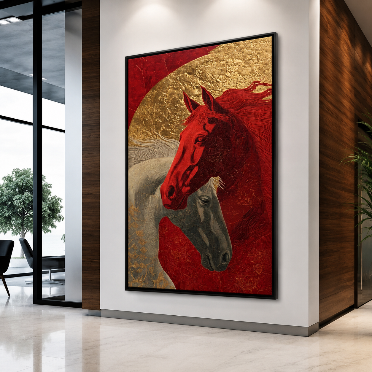 Crimson & Ivory Horses Canvas Wall Art – Luxury Abstract Decor