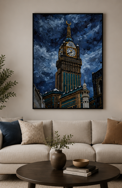 Majestic Makkah Clock Tower Canvas Wall Art | Impasto Style Islamic Wall Decor