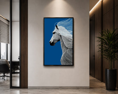 White Horse on Royal Blue Canvas Art – Elegant Equine Wall Decor