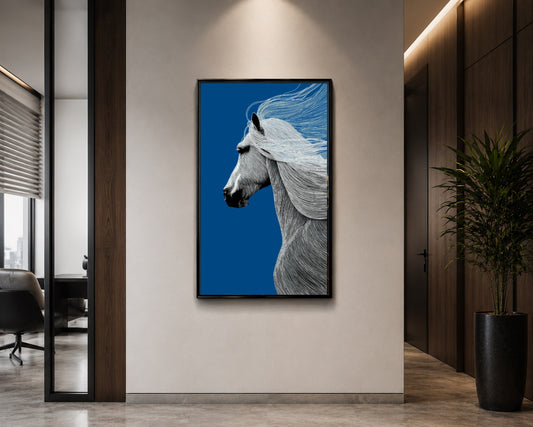 White Horse on Royal Blue Canvas Art – Elegant Equine Wall Decor