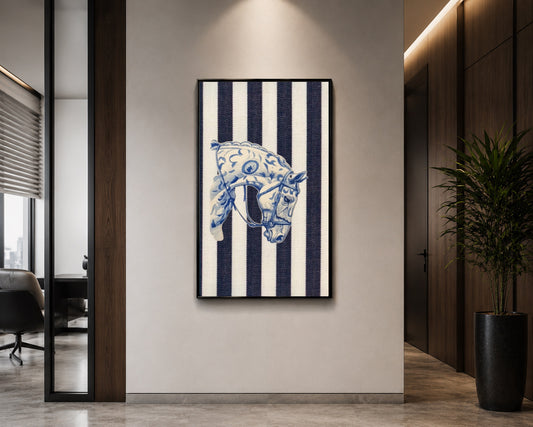 Blue & White Horse Portrait Canvas Art – Coastal Stripe