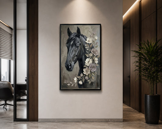 Black Horse Floral Canvas Art – Vintage Botanical Equestrian Wall Decor