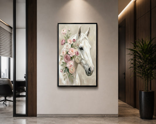 White Horse with Blush Flowers Canvas Art – Romantic Floral