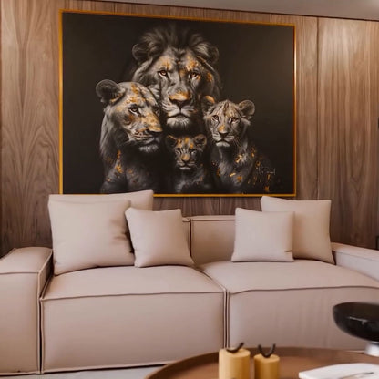 Golden Leaf Lion Family Abstract Painting