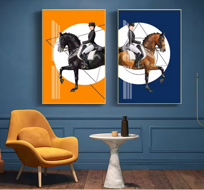 Modern Dressage Chevaux Horse Rider Blue Orange Posters Canvas Painting