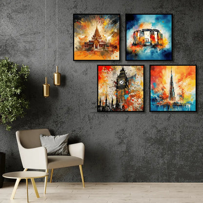 Temple,Stonehenge, clock tower & Burj Khalifa (4Panel) Wall Art