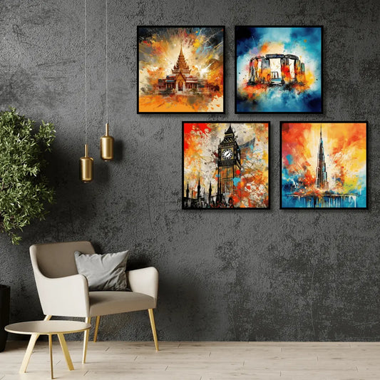 Temple,Stonehenge, clock tower & Burj Khalifa (4Panel) Wall Art