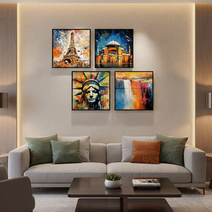Liberty Statue Eiffel Tower & Hagia Sophia (4Panel) Wall Art