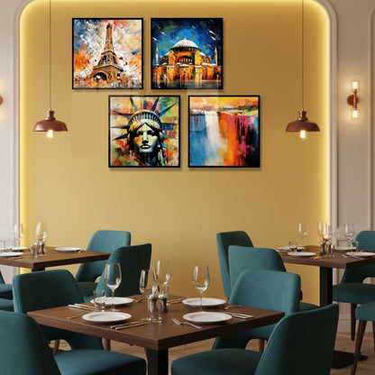 Liberty Statue Eiffel Tower & Hagia Sophia (4Panel) Wall Art