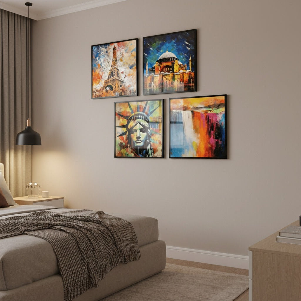 Liberty Statue Eiffel Tower & Hagia Sophia (4Panel) Wall Art