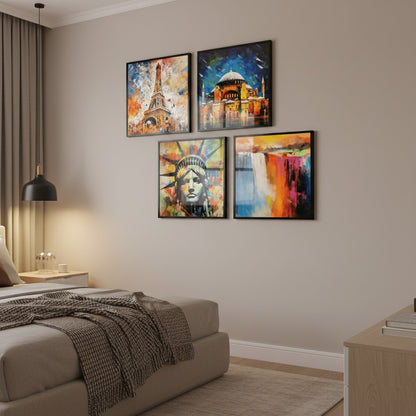 Liberty Statue Eiffel Tower & Hagia Sophia (4Panel) Wall Art
