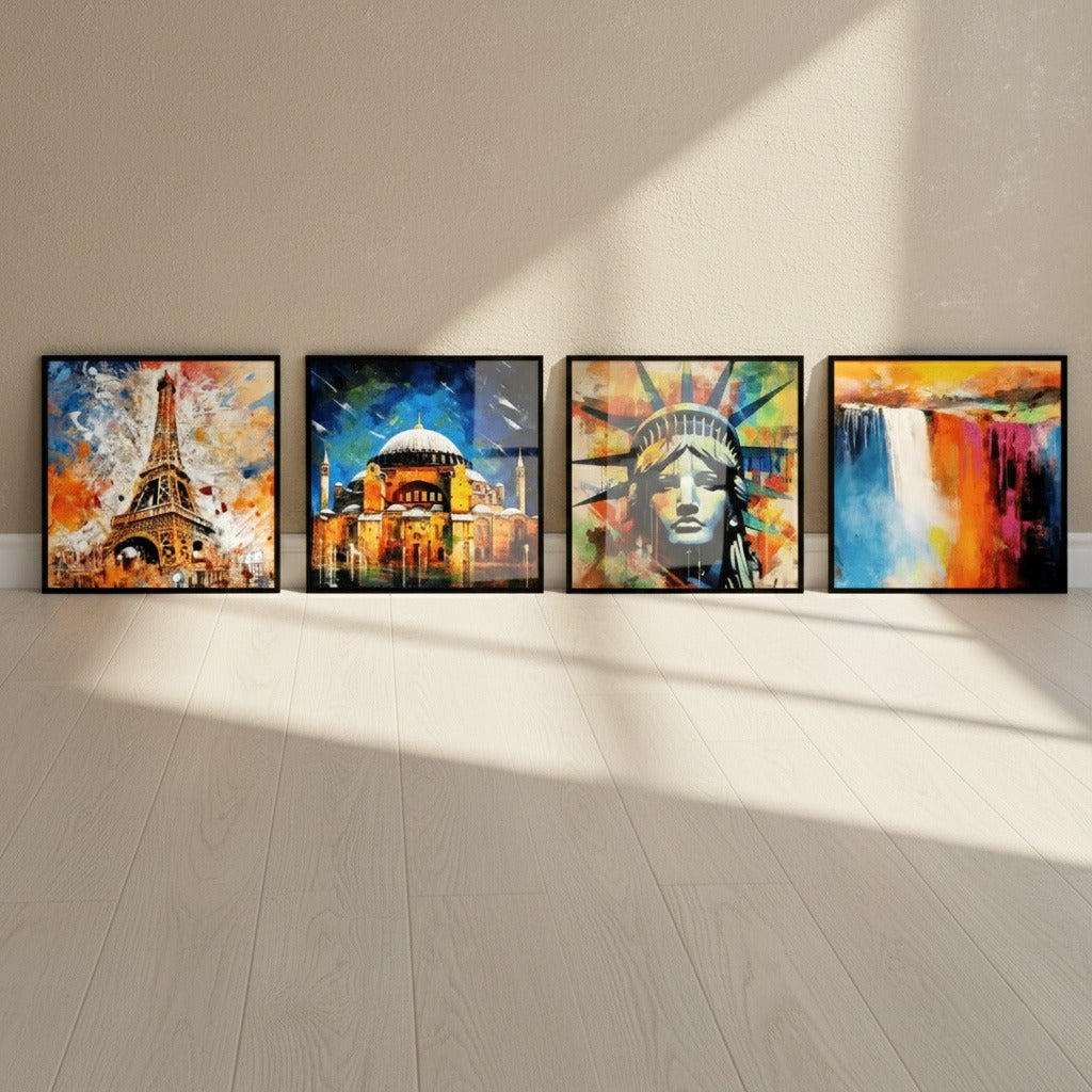 Liberty Statue Eiffel Tower & Hagia Sophia (4Panel) Wall Art