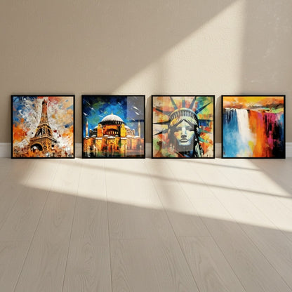 Liberty Statue Eiffel Tower & Hagia Sophia (4Panel) Wall Art