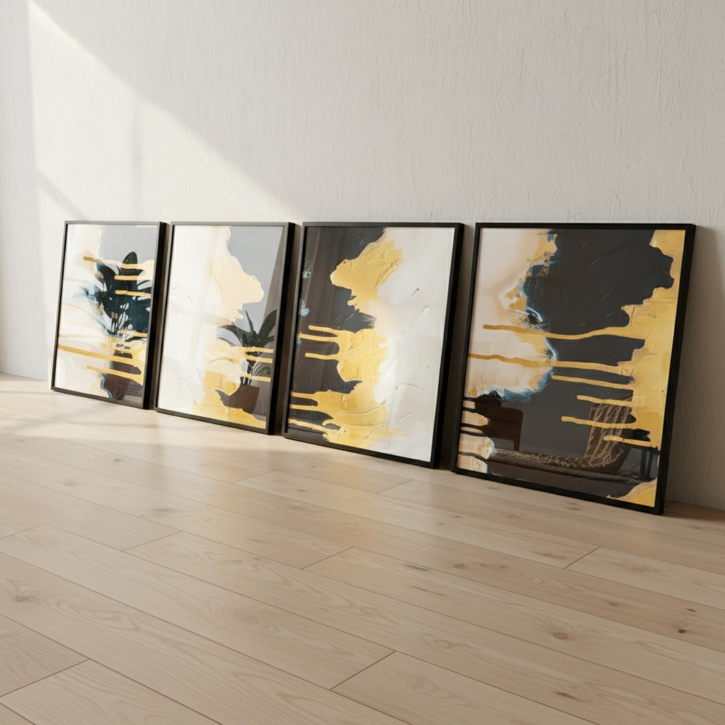 Black and Gold Abstract Textured (4 Panel) Wall Art